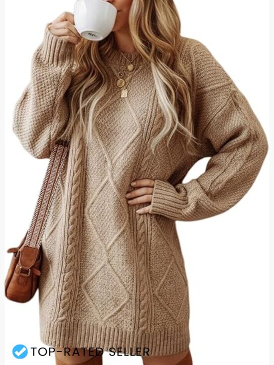 Dresses & Skirts - Cable Knit Sweater Dress Drop Shoulder Loose Fit Casual Pullover